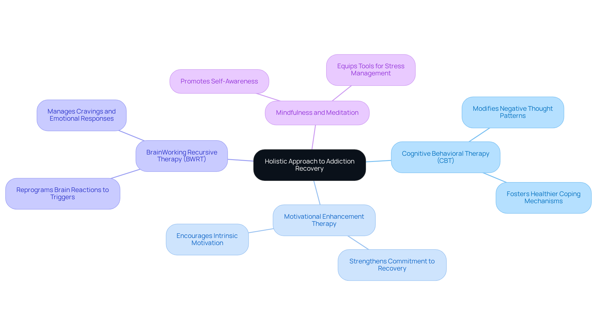 At the center is the holistic approach, with branches representing different therapies. Each therapy offers unique strategies to support recovery, highlighting the importance of treating the whole person.